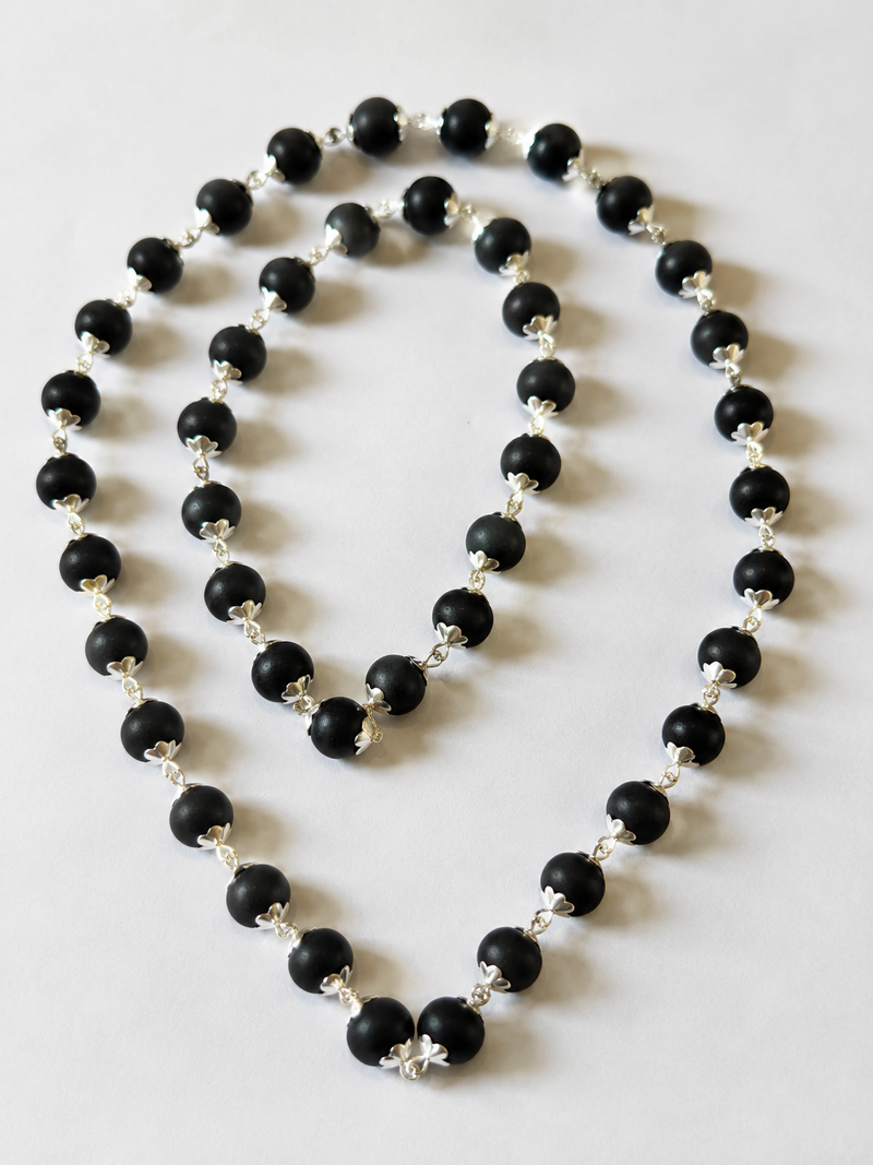 Silver-Capped Karungali Malai — black ebony beads with silver-tone caps — KaalVeda