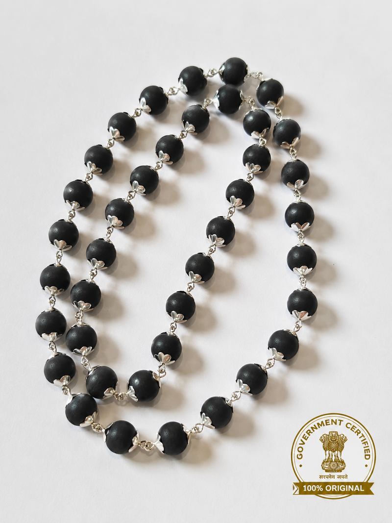 Silver-Capped Karungali Malai — detail of the capped and linked beads — KaalVeda