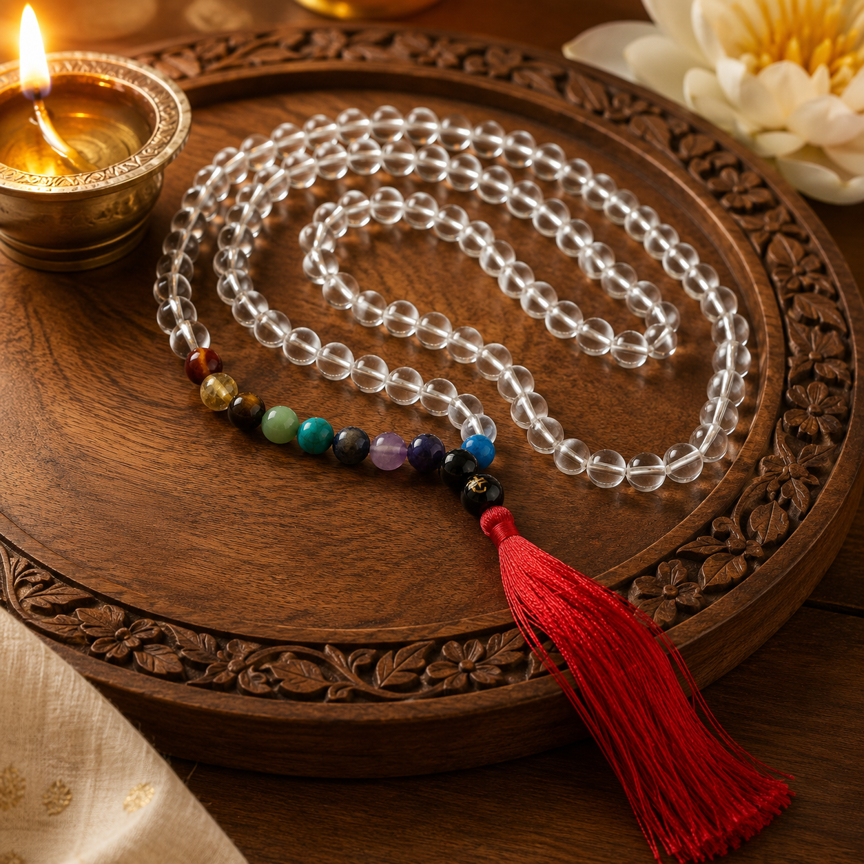 Clear Quartz Sphatik 7 Chakra Mala — detail of the seven chakra stones — KaalVeda