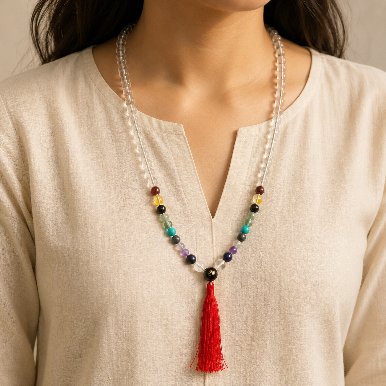 Clear Quartz Sphatik 7 Chakra Mala — the Om guru bead and tassel — KaalVeda