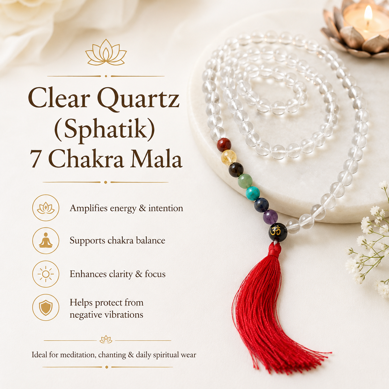 Clear Quartz Sphatik 7 Chakra Mala — for meditation, chanting and daily wear — KaalVeda