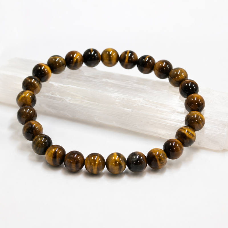 Tiger Eye Bracelet — angled view showing the golden chatoyant band — KaalVeda